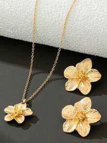 1 Set Luxury Elegant Floral 5-Petal Pendant Necklace, 1 Pair Earrings, 1 Necklace, 1 Bracelet, 1 Ring Set - Suitable For Wedding, Engagement, Date, Party, Fashion Jewelry Gift For Women