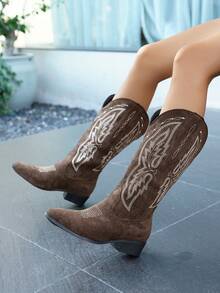 女士时尚刺绣仿麂皮咖啡棕色西部靴，尖头粗跟V领过膝长靴，别致朋克风中跟切尔西靴，户外休闲时尚正装靴 - 咖啡棕 - 查看 5