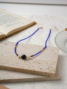 女士复古时尚青金石串珠项链，奢华天然石和养殖珍珠蝴蝶宗教链 - 藍色 - 查看 4