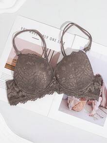 女士蕾丝衬垫文胸，提升和支撑，可调节肩带，舒适新娘文胸 - 咖啡棕 - 查看 4