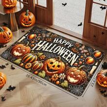 1 buc. Covoraș de intrare cu imprimeu de dovleac pentru decor de casă de Halloween, moale, antiderapant, absorbant, lavabil, pentru bucătărie, covor pentru atmosferă de sărbătoare, covor dreptunghiular cu fire scurte pentru intrarea în camera de zi, dormitor, bucătărie, spălătorie, baie