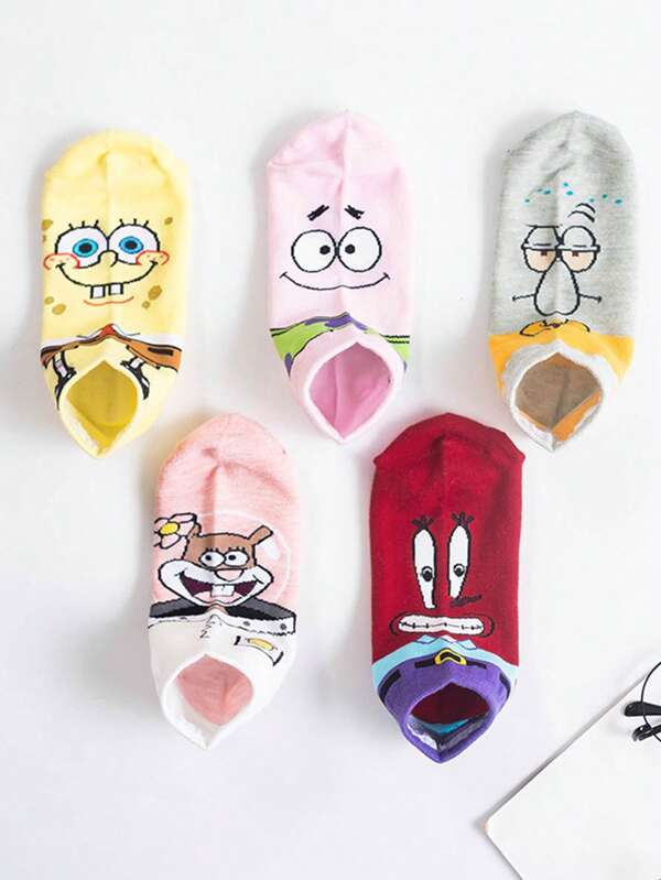 SPONGEBOB 5 Pairs Cute Cartoon SpongeBob SquarePants Themed Socks, Funny Personalized Socks With Characters Like Sandy & Squidward, Fashionable Unisex Ankle Socks