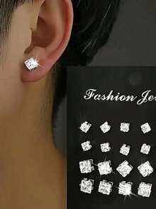 72pcs Geometric Round Heart Square Cubic Zriconia Sparkly Stud Earrings, Simple Punk Hip-Hop Style, Large Set For Parties, Holidays, Dates, Gifts And Daily Wear - Bạc - Xem 7