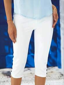 2pcs Women's Solid Color Capri Pants With Button Details - Medium Elasticity, Machine Washable, All-Season Casual Wear For Adults, Comfortable Leisurewear | Sleek Capri Pants | Stretchable Fabric, Capri Leggings - 黑色+白色 - 查看 3