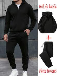 (Autunno/Inverno) Set tuta da uomo, composto da felpa con cappuccio e mezza chiusura lampo, coulisse in vita, pantaloni 3/4 tinta unita. Completo sportivo alla moda, felpa con cappuccio adatta per corsa, allenamento, stile casual boyfriend. Outfit comodo.