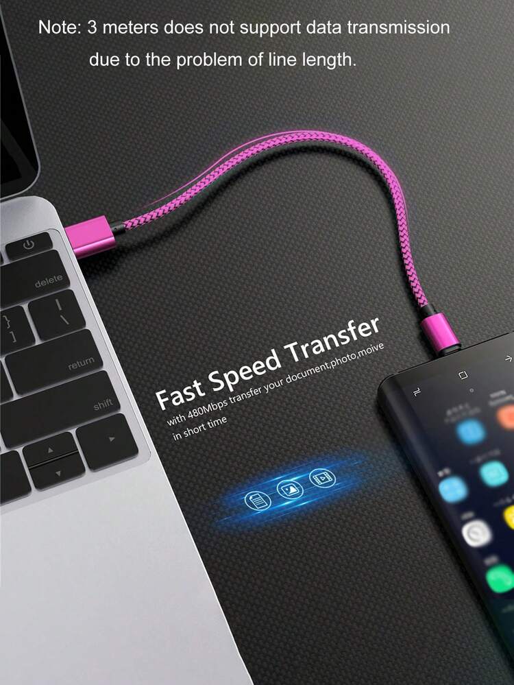 60W USB Type-C急速充電ケーブル、高速充電データケーブル ナイロンブレード USB-A to USB-C充電コード、Galaxy S25/S24/S23/S22/S21/S20対応マルチカラー - ホットピンク - 見る 3