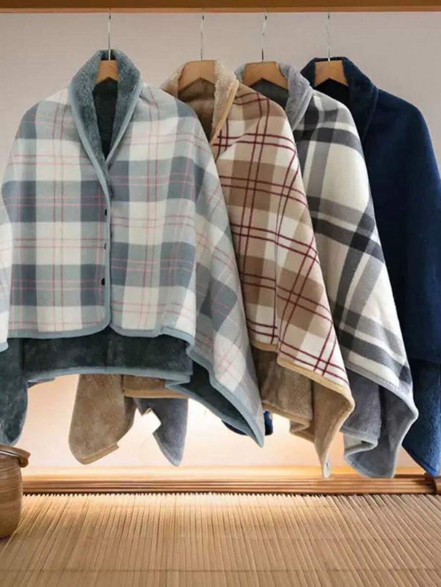 1件加厚双层格子法兰绒披肩毯，多功能，居家办公皆宜，可作休闲毯、孕妇毯、保暖斗篷、围裙、披毯，是送给女性的绝佳礼物，适合秋冬季搭配连衣裙。