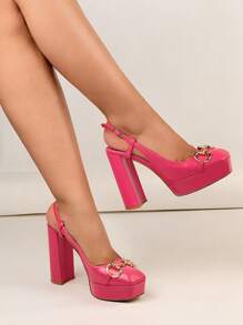 New French Style Thick Platform Soft Leather High Heels Square Toe Mary Jane Shoes, Spring/Summer - FUSHIA - View 3