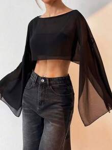 Cropped Cape Flare Sleeve Tulle Simple Asymmetric Beach Top - Rỉ Nâu - Xem 2