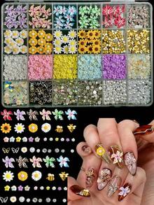 1Box Random Mixed ABS Cute Nail Charms 3D Yellow Bee Sunflower Little Daisy Flower Pearl Y2K Leopard-Print Flowers Round Rhinestone Nail Art Accessories DIY Suitable For Date Parties - 彩色 - 查看 3