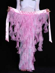 1pc Women's Belly Dance Hip Scarf Skirt With Tassel Hem And Waist Tie, Wavy Hem - Multicolor - View 28