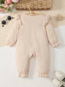 MommBaby MommBaby Infant Girls' Solid Color 100% Cotton Ruched Button Front Long Sleeve Romper With Footed Legs, Casual Outfit For Spring & Autumn