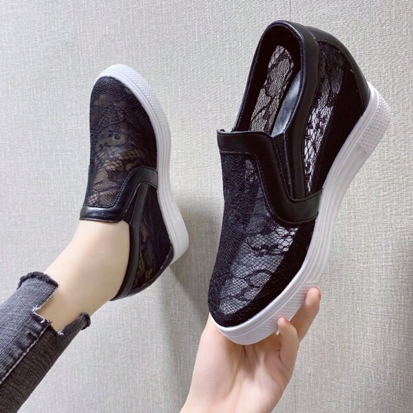 2025 Increase Height Women's White Mesh Hollow Wedge Sneakers, Breathable Casual Sports Shoes, Summer 2025 New Arrival