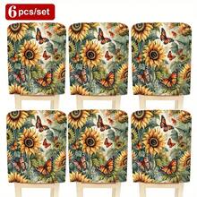 Housse de chaise courte en peluche, motif tournesol, fleurs et papillons, série automne (1/4/6/10 pièces), amovible, pour dossier, toutes saisons, décoration de vacances, pour salle à manger, salon, maison, avec protection dorsale, pour salle à manger, bureau, salon, hôtel et décoration d'intérieur.
