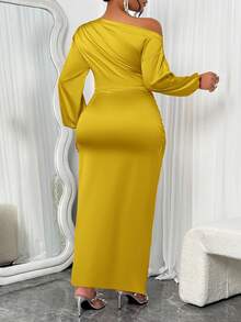 BIUBIU Women's Plus Size Elegant Ladies High Elasticity Satin Solid Color Asymmetric Ruched Collar,Long Sleeves, Metal Button Detail, High Slit Long Dress For Party,Wedding Anniversary, Valentines Day Date, Birthday Party - 黃色 - 查看 2