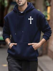 男士休闲简约十字印花抽绳连帽衫，带口袋，返校季 - 藏蓝色 - 查看 3