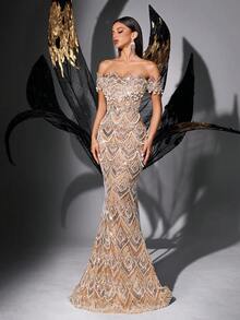 Damklänning med glamorös mode, paljettpärlor och bara axlar, elegant festklänning - Champagne - Visa 6