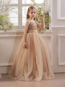 少女金色亮片网纱薄纱派对礼服，优雅公主裙，适合女孩生日派对、青少年正式晚宴、花童、伴娘、舞会、节日庆典 - 香檳色 - 查看 6