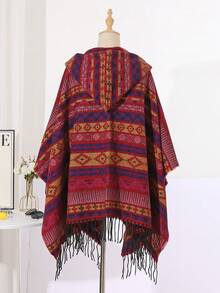 1pc Autumn/Winter Tassel Geometric Pattern Hooded Unisex Cape Shawl Outerwear For Daily Wear And Travel - Multicolor - View 6