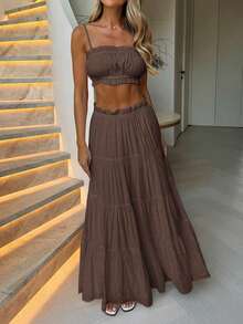 Look Polly Women's 2-Piece Set, Solid Color Strapless Camisole Top And Long Skirt, Women's Back To School Outfit, Autumn Casual Wear, Suitable For Church, Vacation, Concerts, Bohemian Style Vacation Set, Brown Top Paired With Brown Skirt, Elegant Women's Beach Outfit - Brown - View 10