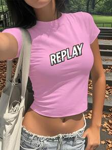 Replay Distressed Bold Text Women's Fashion Short T-Shirt - Pink - View 1