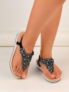 Thick-Soled Clogs Beach Sandals, Sparkly Flower Bohemian Goddess Style Roma Sandals, Summer - Black - View 4