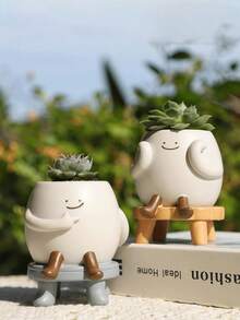Cute Face Planter Pot, Resin Head Planters For Indoor Plants, Funny Sitting On Chair Flower Succulent Pot With Drainage Hole, Gift IdeaS For Birthday Christmas (Cute) - Multicolor - View 3