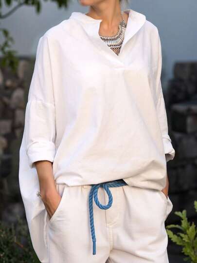 大码女式休闲纯色百搭优雅长袖衬衫，舒适大码V领长袖衬衫，落肩设计，半透明梭织面料