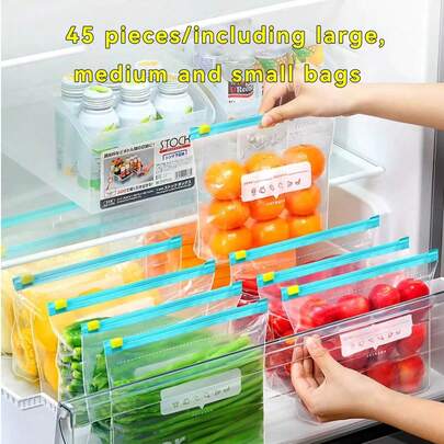 45个可重复密封食品保鲜袋（内含10个大袋+15个中袋+20个小袋）加厚冷冻袋适用于微波炉加热蓝色用于食物持久保存整理透明PE袋拉链袋适用于厨房食物分类收集零食收纳果蔬分类保证食材新鲜家用必备保鲜袋