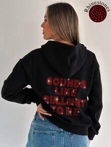 LOVE JOYY SOUNDS LIKE TO ME SOLGAN Sparkling Rhinestone Letter Print Solid Color Pullover Hoodie Loose Drop Shoulder With Pockets Hot Diamond Crafted Casual Hooded Sweatshirt Fashionable Clothing Daily Casual Wear Summer Promotion - Black - View 6