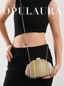 OpulAura 多色条纹闪光手拿包，女士简约贝壳形奢华皮革晚宴手提包，优雅迷人，适合正式礼服，闪闪发光的鸡尾酒会钱包，浪漫婚礼手拿包，配有可拆卸链条 - 彩色 - 查看 8