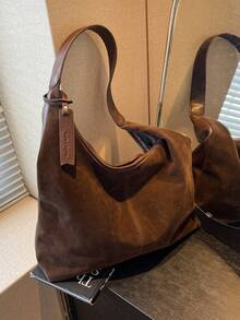 复古绒面革大容量休闲单肩托特包，拼布拼色托特包，优雅百搭女士通勤包 - 咖啡棕 - 查看 9