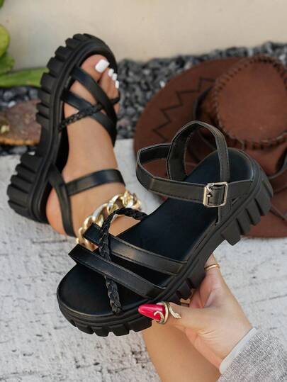 新款女士黑色厚底坡跟凉鞋，时尚交叉带设计，编织带，适合日常休闲穿着和度假，带扣厚底沙滩拖鞋