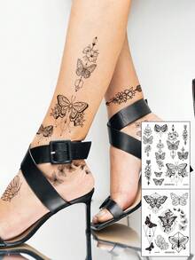 STARTTOOS 2 件/3 件/4 件黑白蕾丝指甲花、蝴蝶、新月和流苏图案临时防水人体艺术纹身贴纸，适合日常、派对、节日礼物、手腕、肩膀、颈部、锁骨 - 黑色 - 查看 7