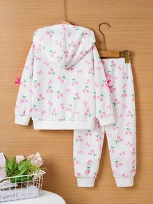 Girls Cute Cherry Print Hooded Sweatshirt And Long Pants 2-Piece Set - White - View 2