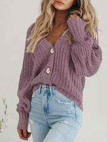 Women's Fall Chunky Knit Open Front Sweater Long Sleeve Button Loose Short Cardigan Outerwear Coats - Sương mù xanh tím - Xem 4