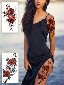 4张花朵临时纹身贴女士红玫瑰纹身防水假纹身贴纸适合所有节日派对