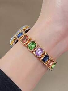 1pc Compatible With Apple Watch Band, Women's Fashion Colorful Square Glass Diamond Metal Elastic Cord Strap, Compatible With Apple Watch 38/40/41/42/44/45/46/49mm, Compatible With Apple Watch Ultra/SE/10/9/8/7/6/5/4/3/2/1 Series, Lightweight And Stylish, Suitable For Daily Life And Summer Beach Wear - Gold - View 3