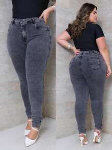 Women's Plus Size Jeans In Marbled Graphite, High Waist, Elastane And Butt Shaping - 石墨灰 - 查看 2