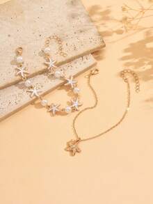 2 件套海滩度假海洋风格白色滴釉海星装饰脚链，金色海星吊坠脚链套装，时尚女士脚饰适合日常佩戴、海滩派对、音乐节 - 彩色 - 查看 3