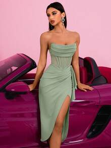 ADYCE Elegant Strapless Hollow Lotus Leaf Ribbon With Front Slit Backless Midi Party Dress For Prom Birthday Party Evening Date Homecoming Party Wedding Guest Cocktail Reception Family Festival, Valentine's Day - Light Green - View 8