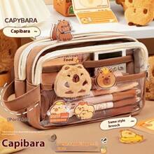 Capibara-Themed Pen Bag. It Has A Large Capacity And Is Transparent With A Handle. In The Maillard Color Scheme, It's A Multifunctional Stationery Box Suitable For Primary And Junior High School Students.,For School Supplies,Back To School