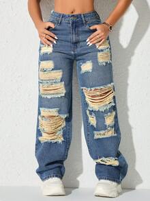 Rave Y2K Vintage High Waist Ripped Straight Leg Jeans With Side Pockets - Navy Blue - View 2