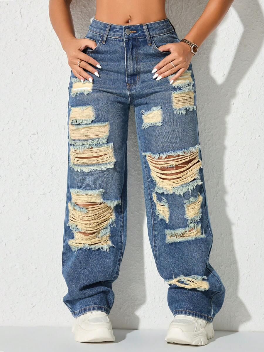 Rave Y2K Vintage High Waist Ripped Straight Leg Jeans With Side Pockets