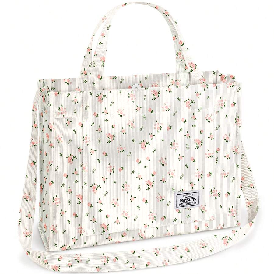 Corduroy Handbag, Square Casual Bag, Stylish Commuting Bag With Large Pocket, Women Shoulder Bags Work Handbags Everyday Hobo Bag-Little Pink Flower - 小粉花 - 查看 1