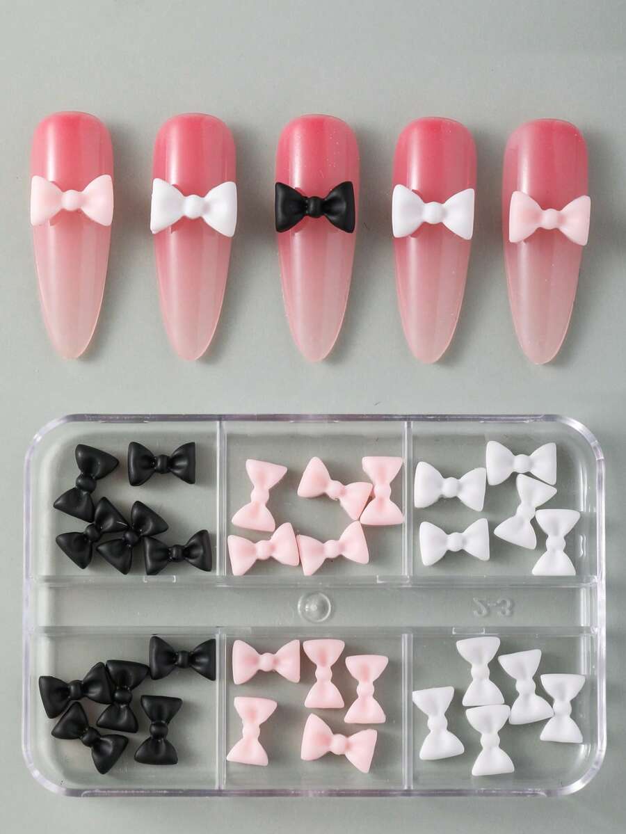 30 件/50 件无异味 Y2K 白色粉色蝴蝶结树脂指甲配件，两种款式，盒装和袋装，小清新 3D 平底丝带水钻指甲装饰卡哇伊简约可爱黑粉色白色仿珍珠蝴蝶结韩式指甲设计配件，适合女性指甲贴纸 DIY 沙龙用品装饰日式私人定制春夏风格指甲指甲饰指甲宝石 - 彩色 - 查看 1