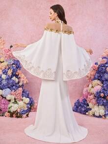 UNITHORSE UNITHORSE Women's Stand Collar Floating Piece Sleeve Appliques Slim-Fitting Knit Burlap Evening Dress