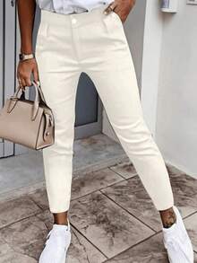 女式长裤，纯色弹力 9 英寸裤，带口袋，拉链和纽扣开合，休闲商务风格长裤。 - 白色 - 查看 1