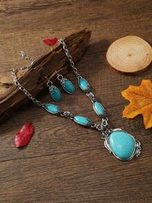 3 件波西米亚风格首饰套装 - 银色合金项链和绿松石耳环 - 女士复古波西米亚风格配饰，海滩度假