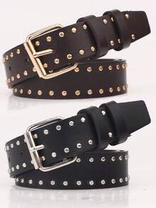 2 件双排金属铆钉朋克风格女士腰带，适合秋季、万圣节 - 黑色+棕色 - 查看 6